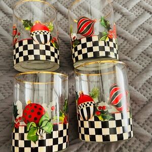 McKenzie Childs Festive Checkered Glasses with Holiday Ornaments on them, new!